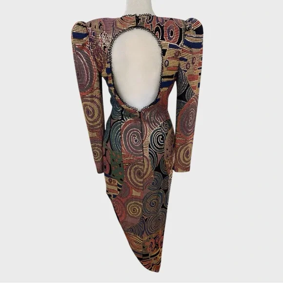 Vintage Multicolor Metallic Painted Bombshell Mesh Front Midi Dress Size Small - Picture 2 of 16